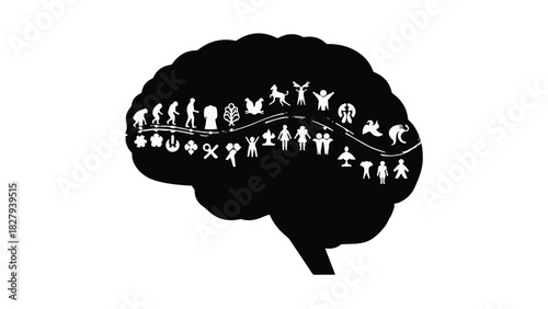 Journey of human development and evolution visualized within a brain silhouette