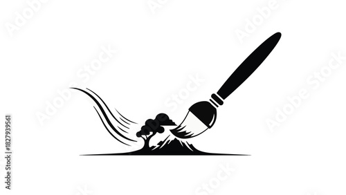 Artistic brush creating a stylized landscape with a lone tree.