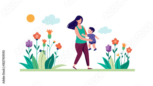 A mother holding her baby close while walking through a flower garden on a bright spring morning