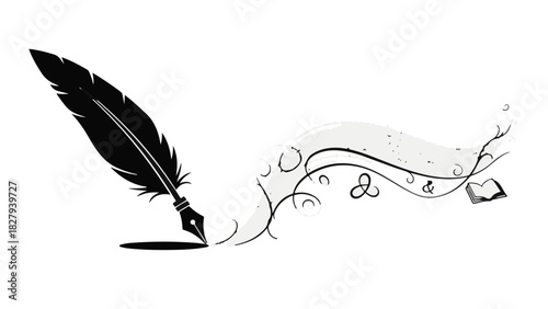 Black quill pen creating flowing ink designs and a small book