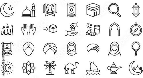 Islamic culture and religious symbols line icons collection set graphic Vector