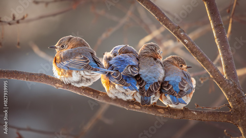 Eastern Bluebirds huddle together for warmth on a blustery winter morning.