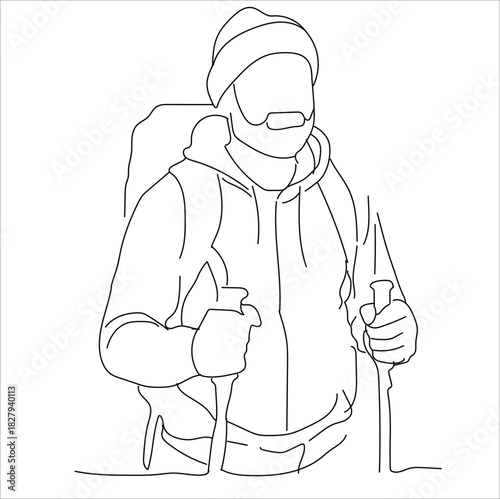 mountain climber with stick, line art