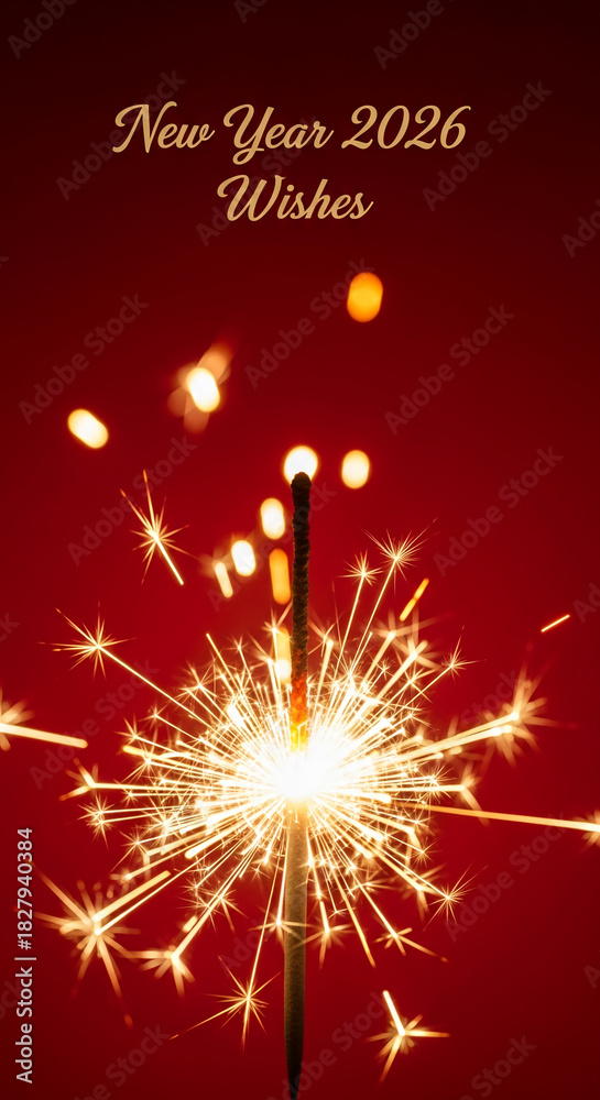 Obraz premium Image of bright sparkler on red backdrop, showcasing New Year 2026 Wishes, symbolizing celebration, joy, and festive cheer, perfect for holiday concepts