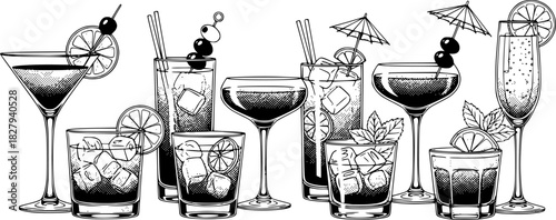 Assorted cocktails collection vector black and white illustration