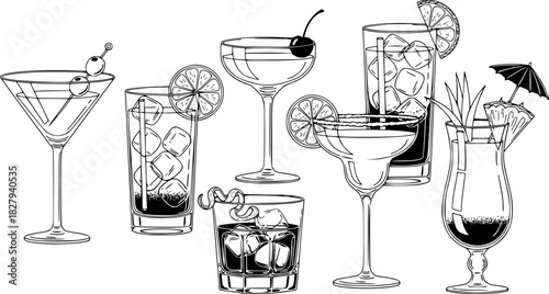Assorted cocktails collection vector black and white illustration