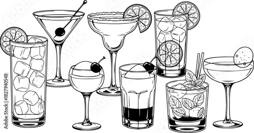 Assorted cocktails collection vector black and white illustration