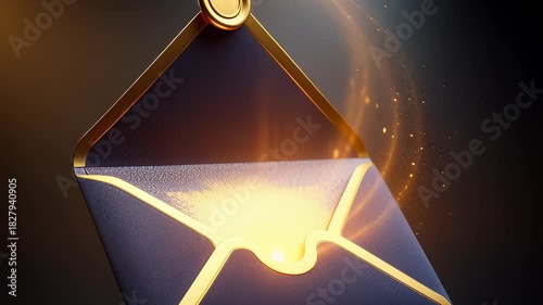 Elegant dark blue envelope with gold accents opening to reveal glowing particles in a cinematic 3D animation, symbolizing an exclusive invitation or premium message.