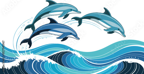 Three blue dolphins jumping out of stylized ocean waves with splashing water drops pixel art vector illustration for marine life summer background design