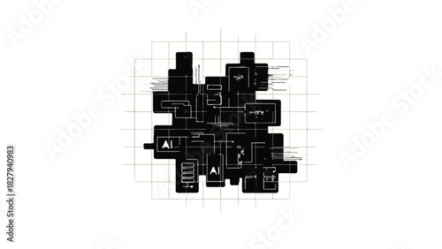 Abstract architectural blueprint with grid lines and dark geometric shapes, representing complex planning and design.