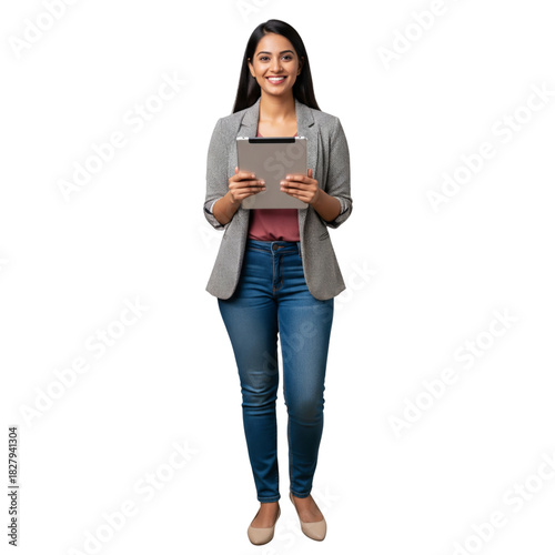 Young Indian business woman smiling and holding tablet isolated on white or transparent background