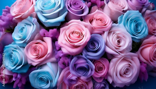 A Beautiful Bouquet Of Pastel Roses In Pink Purple And Blue