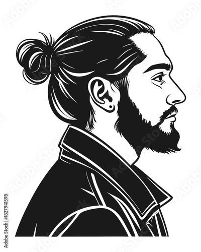 A black and white illustration of a man in profile, featuring a beard and his hair styled in a man bun