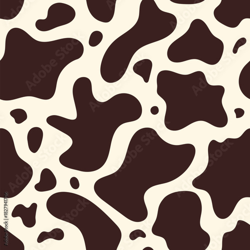 Simple cow abstract seamless pattern. Vector animal skin print, cute brown dalmatian spots on white background. Natural stylized spotted texture for textile, fabric, dairy farm decor, wrapping paper.