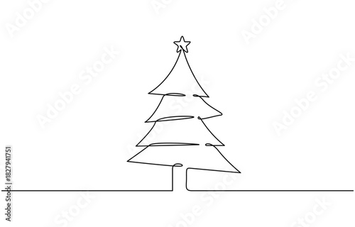 Continuous single minimal line drawing Christmas tree isolated on transparent background