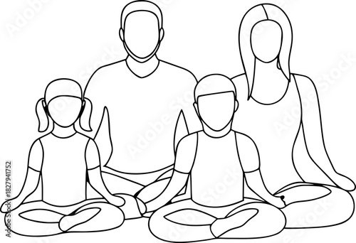 Family meditation together black and white vector illustration