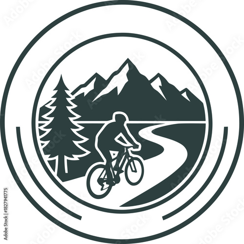 Mountain Biking Adventure Badge with Cyclist and Mountain