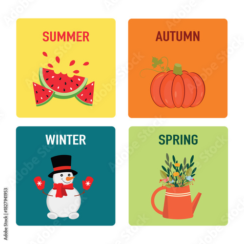 Multicolored vector icons summer autumn winter spring. Snowman, watermelon, watering can with flowers, pumpkin