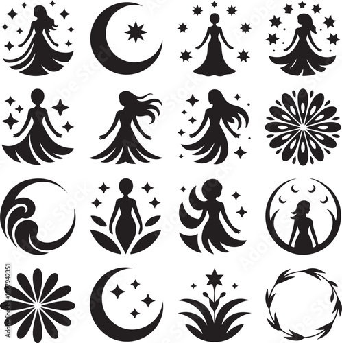 Collection of beautiful magical celestial feminine goddess symbols silhouettes vector design