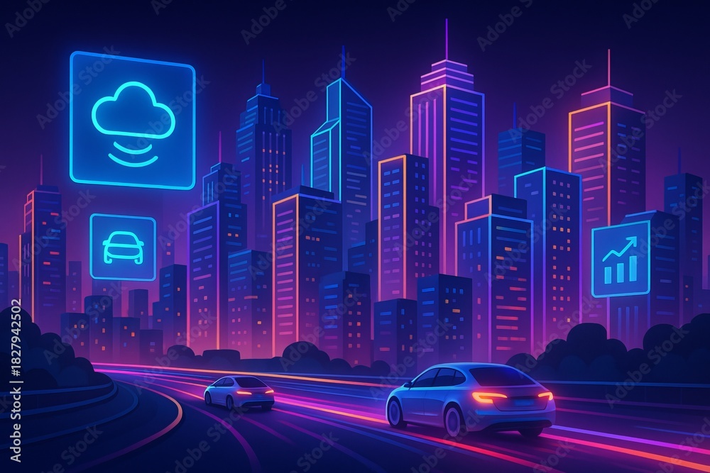 Fototapeta premium Smart city skyline with multicolor neon building edges, electric cars leaving glowing trails, hologram billboards
