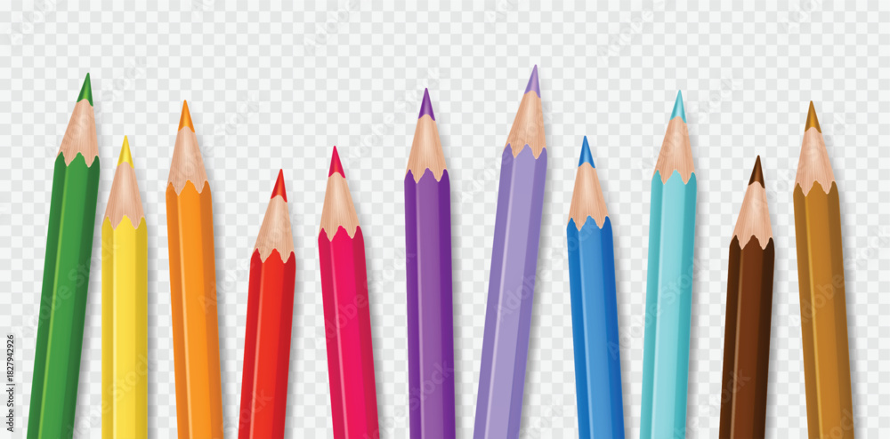 Fototapeta premium Realistic 3d color pencils. Abstract wooden pencil group for children art or school education background. Isolated crayon in rainbow spectrum, creative drawing, artistic palette. Isolated vector set