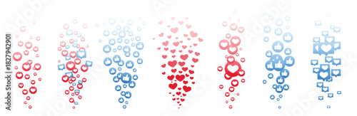 Flying like heart and thumb up flow for live reaction in social media stream, love icon bubble design. Round buttons for video comment and post. UI mock up, transparent button vector template