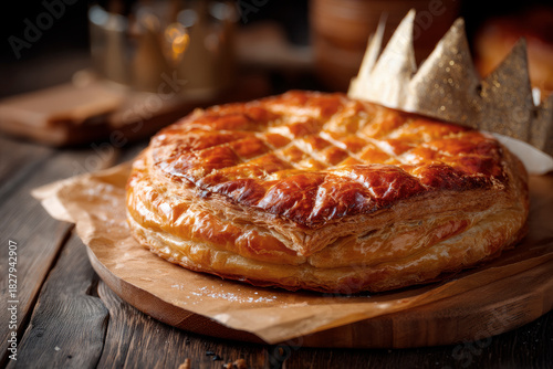 Wallpaper Mural Traditional galette des rois with paper crown, golden flaky surface on rustic wooden background Torontodigital.ca