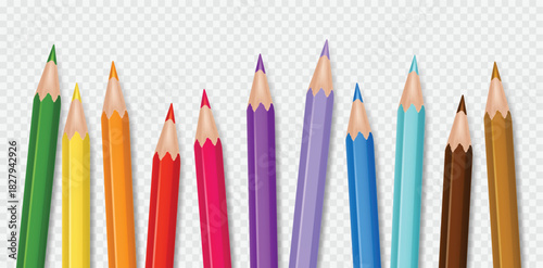 Realistic 3d color pencils. Abstract wooden pencil group for children art or school education background. Isolated crayon in rainbow spectrum, creative drawing, artistic palette. Isolated vector set