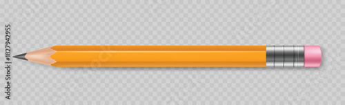 Realistic wooden yellow pencil with eraser for school or office design isolated vector illustration. Sharp graphite pencil for education or business concept. Stationery mockup, student template