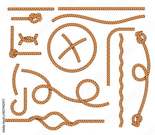 Realistic rope and knot for nautical frame or marine decoration with intertwined cables. Brown cord and tassel texture for navy element or retro shape and decor. Vector isolated set