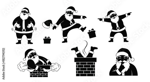 Playful santa claus illustrations in black and white depict festive poses