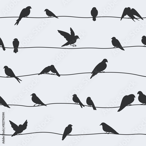 Birds perched on cable lines, seamless pattern design. Flock silhouette sitting on wires, endless background, repeating print for fabric, textile, wallpaper, wrapping paper. Flat vector illustration