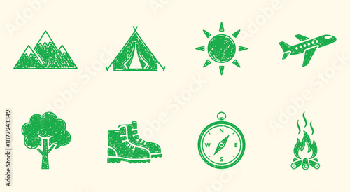 Travel. Adventure. Grunge. A green vector icon set with a distressed stamp texture of outdoor and travel symbols for a hiking brand, a national park logo, or a rustic t-shirt design.