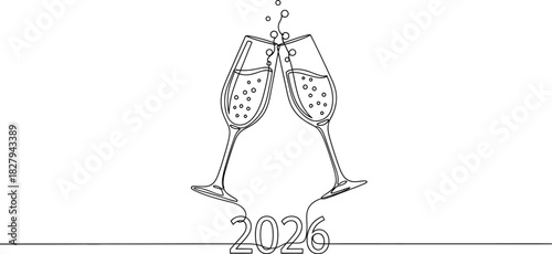 Two champagne glasses toasting for new year 2026 in continuous line drawing style