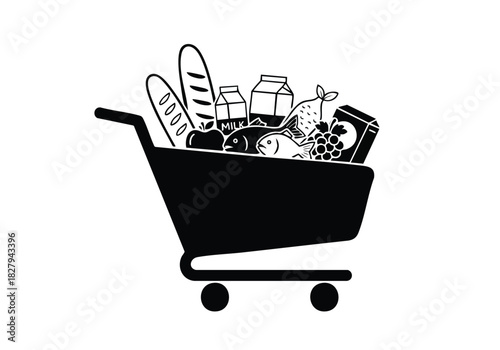 Stocked shopping cart brimming with fresh groceries, a symbol of abundance and healthy living, perfect for food blogs and grocery store ads