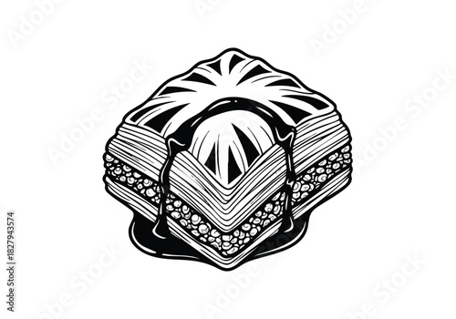 Delicious baklava dessert with syrup dripping down, perfect for tempting food blogs and culinary promotions, a sweet treat everyone will crave now