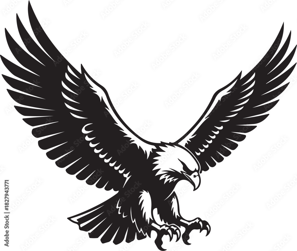 Fototapeta premium Black silhouette of an eagle with wings spread and talons extended, descending on a white background on transparent background