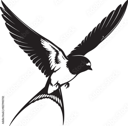 Black and white silhouette of a swallow in flight with wings spread bird flying on transparent background