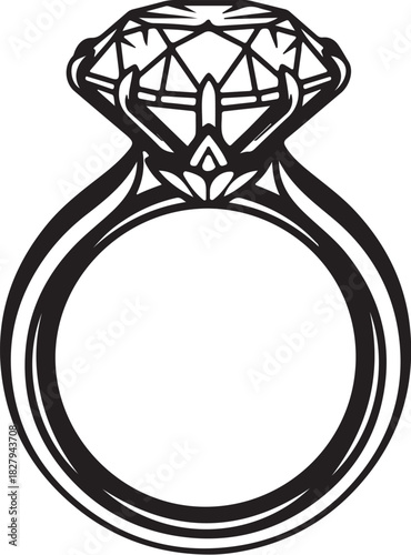Black and white silhouette of a diamond engagement ring with a large faceted gem wedding on transparent background