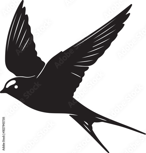 Black silhouette of a swift bird in flight with spread wings and forked tail on a white background vector on transparent background