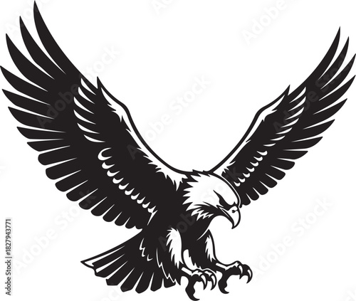 Black silhouette of an eagle with wings spread and talons extended, descending on a white background on transparent background