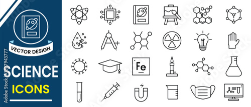 Science icon set. Set of line icons related to science lab equipment, chemistry, biology, experiment, scientist, research, and medicine and more. Vector illustration.
