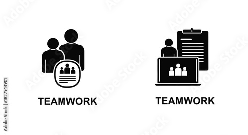Teamwork and collaboration icons depicting people laptops and presentation visuals