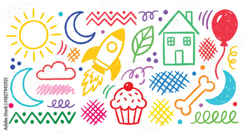 Doodle. Kids Drawing. Colorful. A hand drawn vector set of various cute and happy crayon or chalk doodles for a children's book, a school project, a party invitation, or a background.