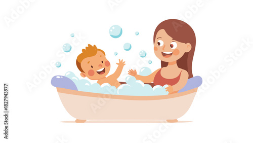 A mother giving her baby a warm bath, bubbles floating around, both smiling happily