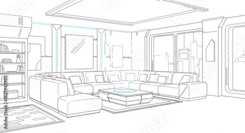 Futuristic living room design with holographic interface and city view outline