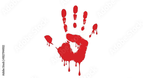 A stark image depicting a bloody handprint on a pure white background