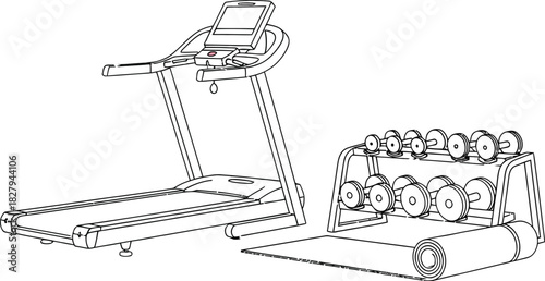 Treadmill and weights equipment for home gym fitness and exercise illustration