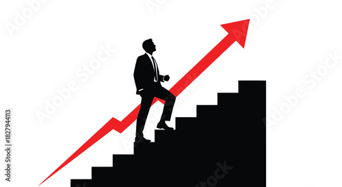 A businessman climbs a staircase with a red arrow indicating growth