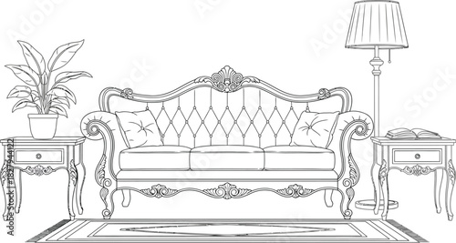 Ornate living room interior with sofa side tables lamp and plant line art